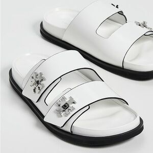 Tory Burch Silver T Turnlock White Slide Sandals